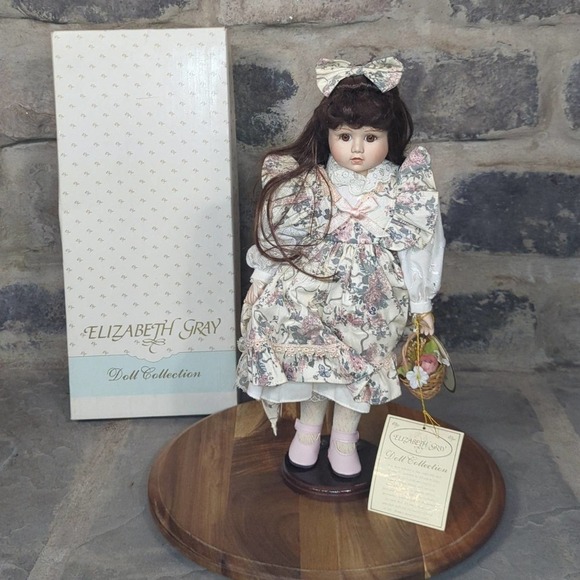 Elizabeth Gray Vintage Porcelain Doll Brunette 16" Floral Dress Parasol Basket - Picture 1 of 16